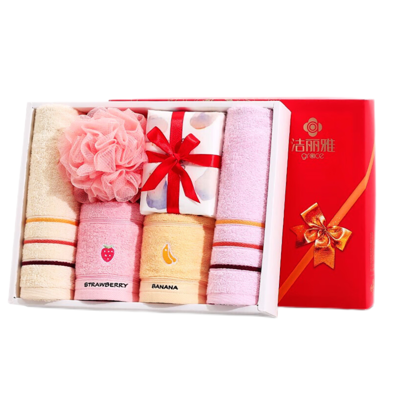 洁丽雅（Grace） 纯棉毛巾六件套 礼盒装 毛巾74*33cm*2条+童巾50*25cm*2条+洗脸巾*1+浴花*1 (单位:盒)